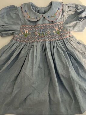 Marks & Spencer Light Blue Smocked Dress with Floral Embroidery